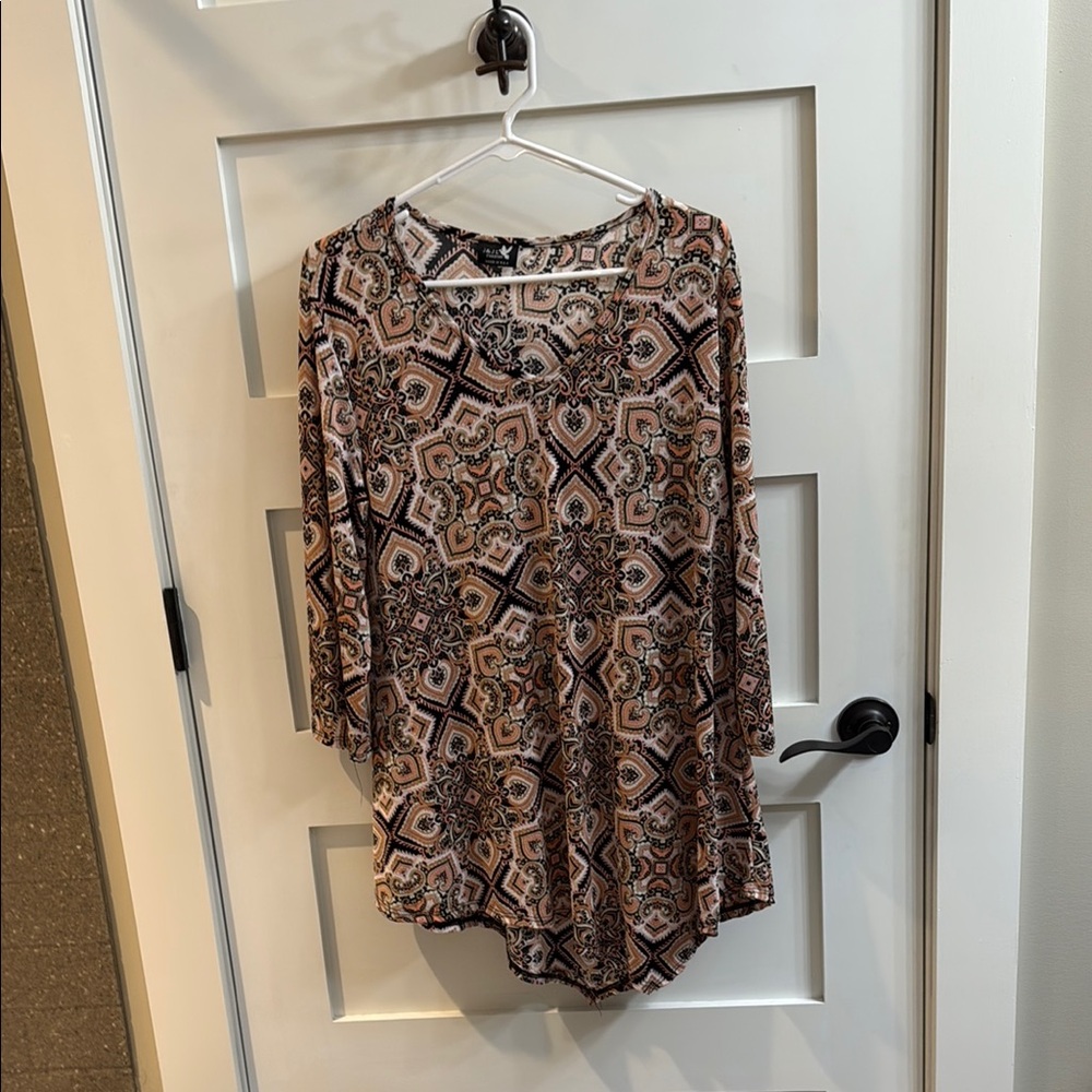 Brown and Cream Asymmetrical 3/4 Sleeve Tunic